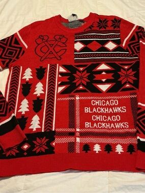 Klew Chicago Blackhawks Red Black Holiday Crewneck Sweater Men’s Med NHL Shirt
